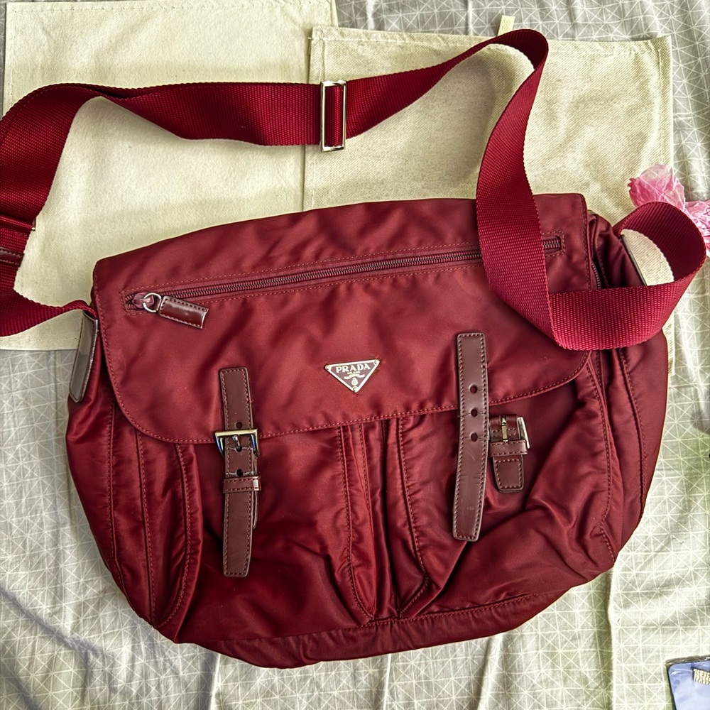 Authentic PRADA Tessuto Nylon Saffiano Vela Messenger Bag Burgundy color